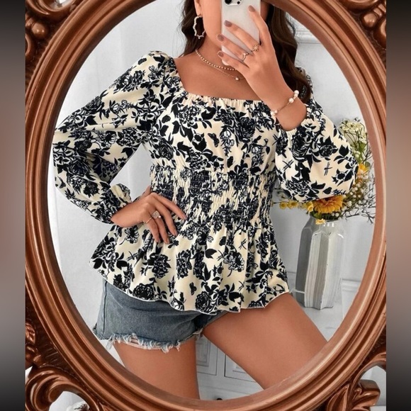 Boho black floral print square lantern sleeve blouse - Picture 14 of 15